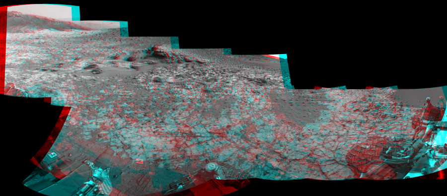 NASA's Mars rover Curiosity took 12 image pairs in Gale Crater using its mast-mounted Navigation Camera (Navcam) to create this mosaic. The seam-corrected mosaic provides a 258-degree cylindrical perspective projection panorama of the Martian surface suitable for stereo viewing, centered at 44 degrees azimuth (measured clockwise from north). This anaglyph must be viewed with red/blue glasses (red over left eye).  Curiosity took the images on December 12, 2014, Sol 835 of the Mars Science Laboratory mission at drive 2336, site number 44. The local mean solar time for the image exposures was 2 PM. Each Navcam image has a 45-degree field of view. CREDIT: NASA/JPL-Caltech