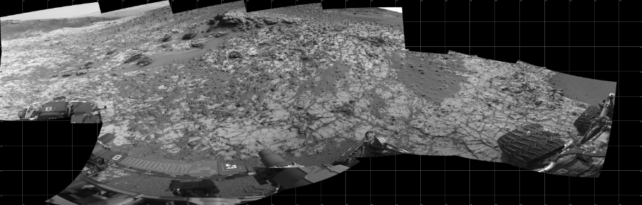 NASA's Mars rover Curiosity took 12 images in Gale Crater using its mast-mounted Left Navigation Camera (Navcam) to create this mosaic. The seam-corrected mosaic provides a 258-degree cylindrical projection panorama of the Martian surface centered at 180 degrees azimuth (measured clockwise from north). Curiosity took the images on December 12, 2014, Sol 835 of the Mars Science Laboratory mission at drive 2336, site number 44. The local mean solar time for the image exposures was 2 PM. Each Navcam image has a 45 degree field of view. CREDIT: NASA/JPL-Caltech