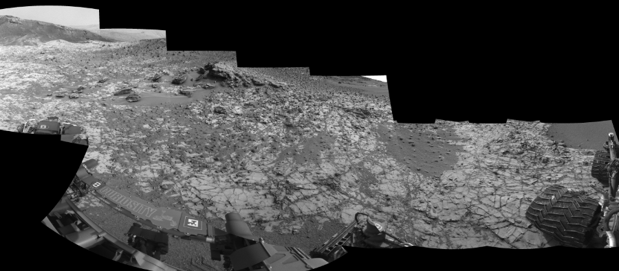 NASA's Mars rover Curiosity took 12 images in Gale Crater using its mast-mounted Left Navigation Camera (Navcam) to create this mosaic. The seam-corrected mosaic provides a 258-degree cylindrical-perspective projection panorama of the Martian surface suitable for stereo viewing, centered at 44 degrees azimuth (measured clockwise from north). This single-eye view must be combined with the partner right image to be viewed in stereo. Curiosity took the images on December 12, 2014, Sol 835 of the Mars Science Laboratory mission at drive 2336, site number 44. The local mean solar time for the image exposures was 2 PM. Each Navcam image has a 45-degree field of view. CREDIT: NASA/JPL-Caltech