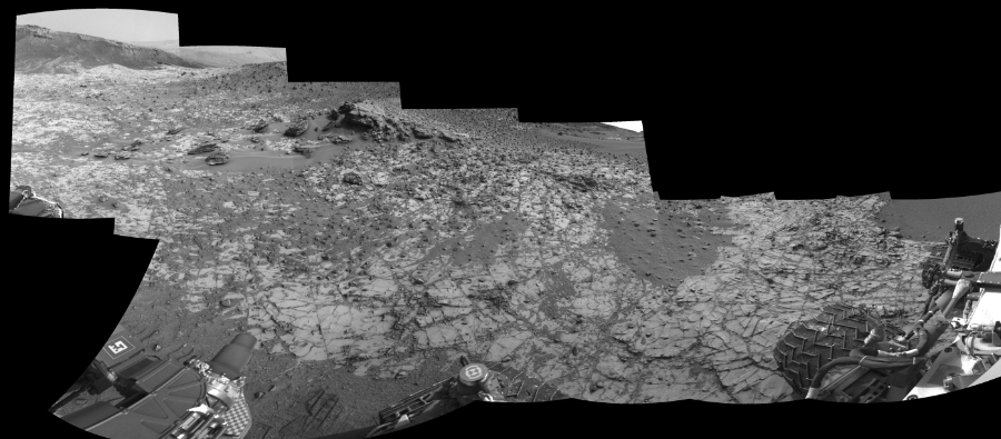 NASA's Mars rover Curiosity took 12 images in Gale Crater using its mast-mounted Right Navigation Camera (Navcam) to create this mosaic. The seam-corrected mosaic provides a 258-degree cylindrical-perspective projection panorama of the Martian surface suitable for stereo viewing, centered at 39 degrees azimuth (measured clockwise from north). This single-eye view must be combined with the partner left image to be viewed in stereo.  Curiosity took the images on December 12, 2014, Sol 835 of the Mars Science Laboratory mission at drive 2336, site number 44. The local mean solar time for the image exposures was 2 PM. Each Navcam image has a 45-degree field of view. CREDIT: NASA/JPL-Caltech