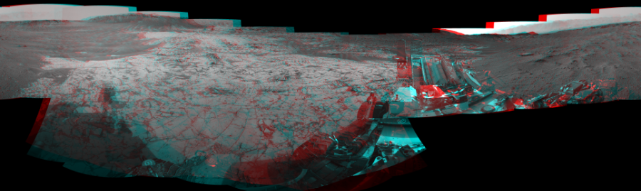 NASA's Mars rover Curiosity took 22 image pairs in Gale Crater using its mast-mounted Navigation Camera (Navcam) to create this mosaic. The seam-corrected mosaic provides a 360-degree cylindrical perspective projection panorama of the Martian surface suitable for stereo viewing, centered at 135 degrees azimuth (measured clockwise from north). This anaglyph must be viewed with red/blue glasses (red over left eye).  Curiosity took the images on January 09, 2015, Sol 862 of the Mars Science Laboratory mission at drive 2958, site number 44. The local mean solar time for the image exposures was 4 PM. Each Navcam image has a 45-degree field of view. CREDIT: NASA/JPL-Caltech