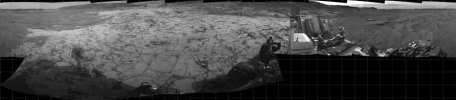 NASA's Mars rover Curiosity took 22 images in Gale Crater using its mast-mounted Left Navigation Camera (Navcam) to create this mosaic. The seam-corrected mosaic provides a 360-degree cylindrical projection panorama of the Martian surface centered at 180 degrees azimuth (measured clockwise from north). Curiosity took the images on January 09, 2015, Sol 862 of the Mars Science Laboratory mission at drive 2958, site number 44. The local mean solar time for the image exposures was 4 PM. Each Navcam image has a 45 degree field of view. CREDIT: NASA/JPL-Caltech