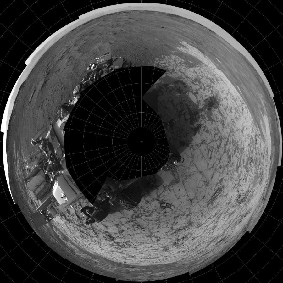 NASA's Mars rover Curiosity took 22 images in Gale Crater using its mast-mounted Left Navigation Camera (Navcam) to create this mosaic. The seam-corrected mosaic provides a polar stereographic projection panorama of the Martian surface with 0 degrees azimuth (measured clockwise from north) at the top of the image. Curiosity took the images on January 09, 2015, Sol 862 of the Mars Science Laboratory mission at drive 2958, site number 44. The local mean solar time for the image exposures was 4 PM. Each Navcam image has a 45-degree field of view. CREDIT: NASA/JPL-Caltech