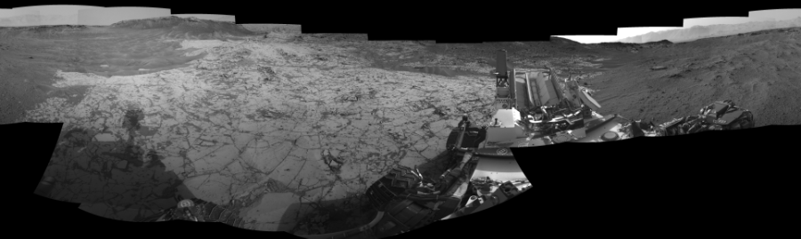 NASA's Mars rover Curiosity took 22 images in Gale Crater using its mast-mounted Right Navigation Camera (Navcam) to create this mosaic. The seam-corrected mosaic provides a 360-degree cylindrical-perspective projection panorama of the Martian surface suitable for stereo viewing, centered at 130 degrees azimuth (measured clockwise from north). This single-eye view must be combined with the partner left image to be viewed in stereo.  Curiosity took the images on January 09, 2015, Sol 862 of the Mars Science Laboratory mission at drive 2958, site number 44. The local mean solar time for the image exposures was 4 PM. Each Navcam image has a 45-degree field of view. CREDIT: NASA/JPL-Caltech