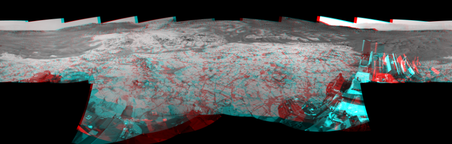 NASA's Mars rover Curiosity took 19 image pairs in Gale Crater using its mast-mounted Navigation Camera (Navcam) to create this mosaic. The seam-corrected mosaic provides a 360-degree cylindrical perspective projection panorama of the Martian surface suitable for stereo viewing, centered at 65 degrees azimuth (measured clockwise from north). This anaglyph must be viewed with red/blue glasses (red over left eye).  Curiosity took the images on January 11, 2015, Sol 864 of the Mars Science Laboratory mission at drive 0, site number 45. The local mean solar time for the image exposures was 3 PM. Each Navcam image has a 45-degree field of view. CREDIT: NASA/JPL-Caltech