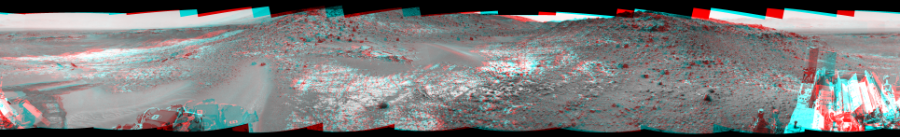 NASA's Mars rover Curiosity took 12 image pairs in Gale Crater using its mast-mounted Navigation Camera (Navcam) to create this mosaic. The seam-corrected mosaic provides a 360-degree cylindrical perspective projection panorama of the Martian surface suitable for stereo viewing, centered at 37 degrees azimuth (measured clockwise from north). This anaglyph must be viewed with red/blue glasses (red over left eye).  Curiosity took the images on March 14, 2015, Sol 924 of the Mars Science Laboratory mission at drive 774, site number 45. The local mean solar time for the image exposures was 2 PM. Each Navcam image has a 45-degree field of view. CREDIT: NASA/JPL-Caltech