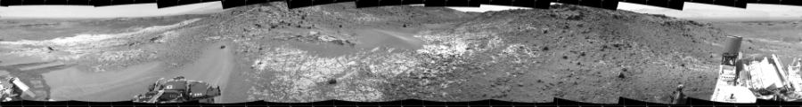NASA's Mars rover Curiosity took 12 images in Gale Crater using its mast-mounted Left Navigation Camera (Navcam) to create this mosaic. The seam-corrected mosaic provides a 360-degree cylindrical projection panorama of the Martian surface centered at 180 degrees azimuth (measured clockwise from north). Curiosity took the images on March 14, 2015, Sol 924 of the Mars Science Laboratory mission at drive 774, site number 45. The local mean solar time for the image exposures was 2 PM. Each Navcam image has a 45 degree field of view. CREDIT: NASA/JPL-Caltech