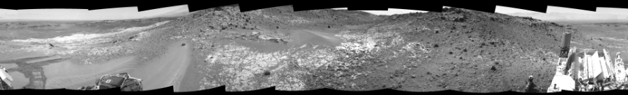 NASA's Mars rover Curiosity took 12 images in Gale Crater using its mast-mounted Right Navigation Camera (Navcam) to create this mosaic. The seam-corrected mosaic provides a 0-degree cylindrical-perspective projection panorama of the Martian surface suitable for stereo viewing, centered at 210 degrees azimuth (measured clockwise from north). This single-eye view must be combined with the partner left image to be viewed in stereo. Curiosity took the images on March 14, 2015, Sol 924 of the Mars Science Laboratory mission at drive 774, site number 45. The local mean solar time for the image exposures was 2 PM. Each Navcam image has a 45-degree field of view. CREDIT: NASA/JPL-Caltech