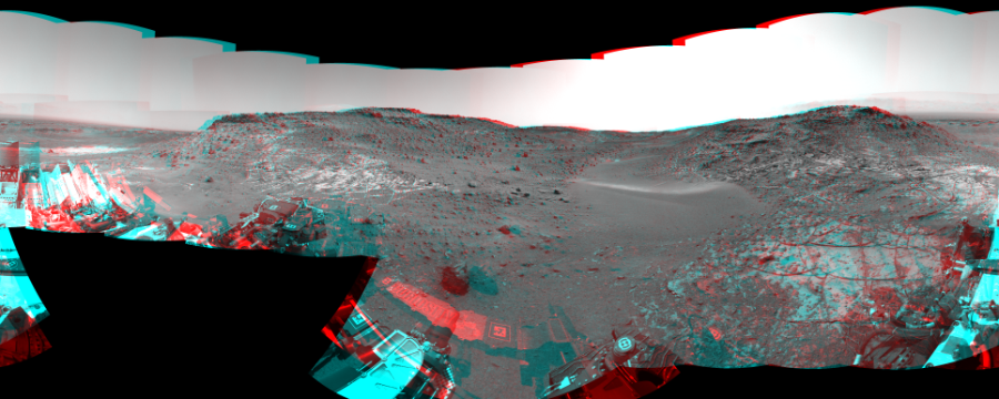 NASA's Mars rover Curiosity took 31 image pairs in Gale Crater using its mast-mounted Navigation Camera (Navcam) to create this mosaic. The seam-corrected mosaic provides a 360-degree cylindrical perspective projection panorama of the Martian surface suitable for stereo viewing, centered at 357 degrees azimuth (measured clockwise from north). This anaglyph must be viewed with red/blue glasses (red over left eye).  Curiosity took the images on March 30, 2015, Sol 940 of the Mars Science Laboratory mission at drive 996, site number 45. The local mean solar time for the image exposures was 3 PM. Each Navcam image has a 45-degree field of view. CREDIT: NASA/JPL-Caltech