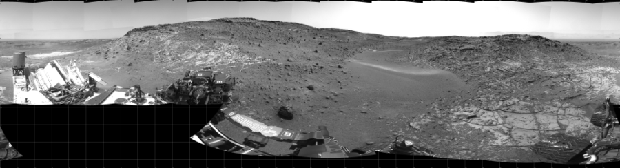 NASA's Mars rover Curiosity took 31 images in Gale Crater using its mast-mounted Left Navigation Camera (Navcam) to create this mosaic. The seam-corrected mosaic provides a 360-degree cylindrical projection panorama of the Martian surface centered at 180 degrees azimuth (measured clockwise from north). Curiosity took the images on March 30, 2015, Sol 940 of the Mars Science Laboratory mission at drive 996, site number 45. The local mean solar time for the image exposures was 3 PM. Each Navcam image has a 45 degree field of view. CREDIT: NASA/JPL-Caltech