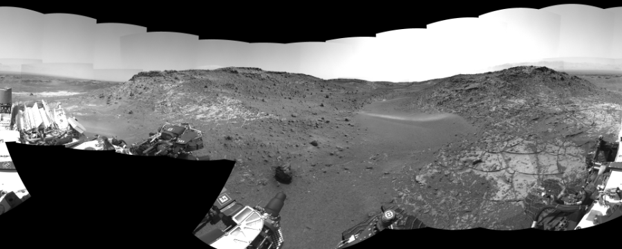 NASA's Mars rover Curiosity took 31 images in Gale Crater using its mast-mounted Right Navigation Camera (Navcam) to create this mosaic. The seam-corrected mosaic provides a 0-degree cylindrical-perspective projection panorama of the Martian surface suitable for stereo viewing, centered at 172 degrees azimuth (measured clockwise from north). This single-eye view must be combined with the partner left image to be viewed in stereo.  Curiosity took the images on March 30, 2015, Sol 940 of the Mars Science Laboratory mission at drive 996, site number 45. The local mean solar time for the image exposures was 3 PM. Each Navcam image has a 45-degree field of view. CREDIT: NASA/JPL-Caltech
