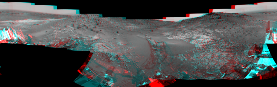 NASA's Mars rover Curiosity took 19 image pairs in Gale Crater using its mast-mounted Navigation Camera (Navcam) to create this mosaic. The seam-corrected mosaic provides a 360-degree cylindrical perspective projection panorama of the Martian surface suitable for stereo viewing, centered at 12 degrees azimuth (measured clockwise from north). This anaglyph must be viewed with red/blue glasses (red over left eye).  Curiosity took the images on April 03, 2015, Sol 944 of the Mars Science Laboratory mission at drive 1108, site number 45. The local mean solar time for the image exposures was 2 PM. Each Navcam image has a 45-degree field of view. CREDIT: NASA/JPL-Caltech