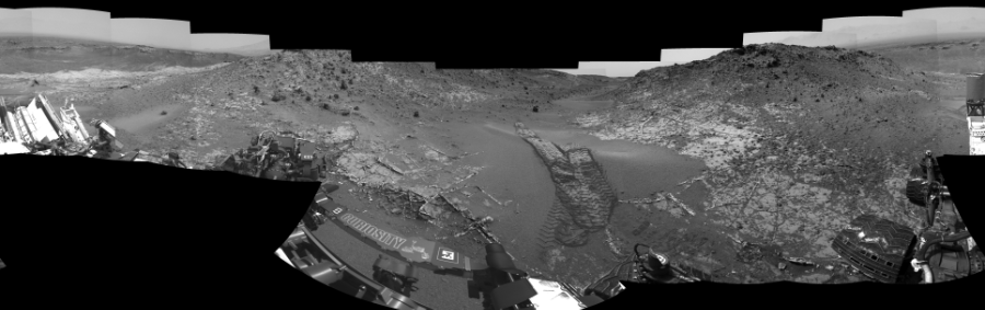 NASA's Mars rover Curiosity took 19 images in Gale Crater using its mast-mounted Left Navigation Camera (Navcam) to create this mosaic. The seam-corrected mosaic provides a 360-degree cylindrical-perspective projection panorama of the Martian surface suitable for stereo viewing, centered at 12 degrees azimuth (measured clockwise from north). This single-eye view must be combined with the partner right image to be viewed in stereo. Curiosity took the images on April 03, 2015, Sol 944 of the Mars Science Laboratory mission at drive 1108, site number 45. The local mean solar time for the image exposures was 2 PM. Each Navcam image has a 45-degree field of view. CREDIT: NASA/JPL-Caltech