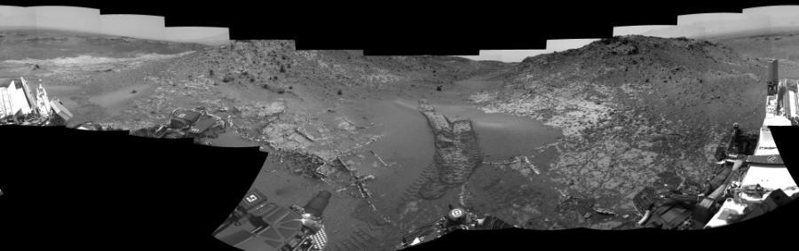 NASA's Mars rover Curiosity took 19 images in Gale Crater using its mast-mounted Right Navigation Camera (Navcam) to create this mosaic. The seam-corrected mosaic provides a 360-degree cylindrical-perspective projection panorama of the Martian surface suitable for stereo viewing, centered at 8 degrees azimuth (measured clockwise from north). This single-eye view must be combined with the partner left image to be viewed in stereo. Curiosity took the images on April 03, 2015, Sol 944 of the Mars Science Laboratory mission at drive 1108, site number 45. The local mean solar time for the image exposures was 2 PM. Each Navcam image has a 45-degree field of view. CREDIT: NASA/JPL-Caltech