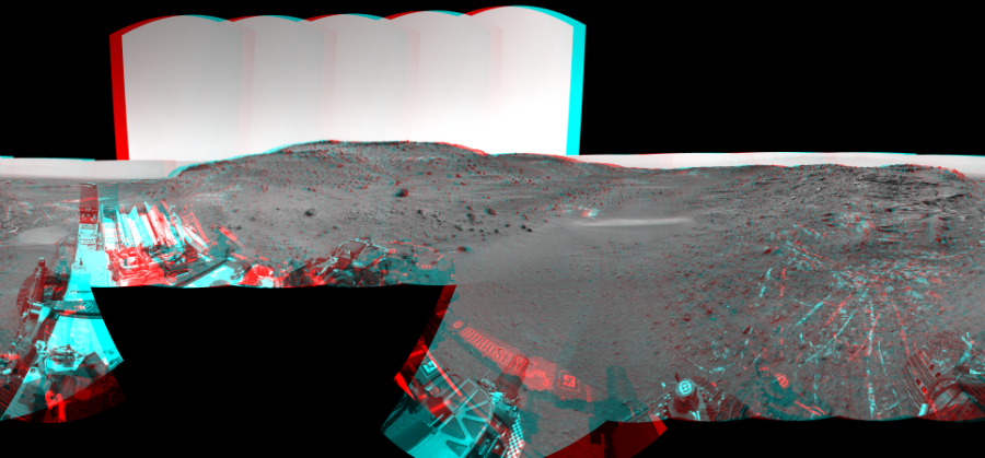 NASA's Mars rover Curiosity took 23 image pairs in Gale Crater using its mast-mounted Navigation Camera (Navcam) to create this mosaic. The seam-corrected mosaic provides a 360-degree cylindrical perspective projection panorama of the Martian surface suitable for stereo viewing, centered at 328 degrees azimuth (measured clockwise from north). This anaglyph must be viewed with red/blue glasses (red over left eye). Curiosity took the images on April 08, 2015, Sol 949 of the Mars Science Laboratory mission at drive 1276, site number 45. The local mean solar time for the image exposures was from 1 PM to 2 PM. Each Navcam image has a 45-degree field of view. CREDIT: NASA/JPL-Caltech