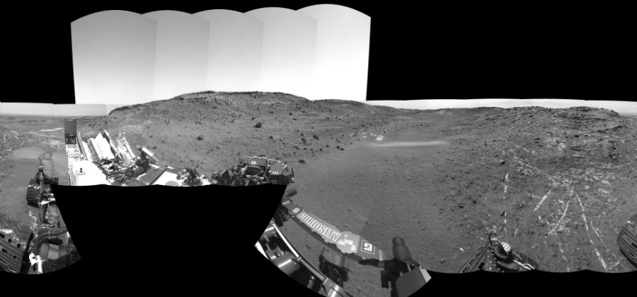 NASA's Mars rover Curiosity took 23 images in Gale Crater using its mast-mounted Left Navigation Camera (Navcam) to create this mosaic. The seam-corrected mosaic provides a 360-degree cylindrical-perspective projection panorama of the Martian surface suitable for stereo viewing, centered at 328 degrees azimuth (measured clockwise from north). This single-eye view must be combined with the partner right image to be viewed in stereo.  Curiosity took the images on April 08, 2015, Sol 949 of the Mars Science Laboratory mission at drive 1276, site number 45. The local mean solar time for the image exposures was from 1 PM to 2 PM. Each Navcam image has a 45-degree field of view. CREDIT: NASA/JPL-Caltech