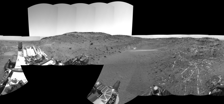 NASA's Mars rover Curiosity took 23 images in Gale Crater using its mast-mounted Right Navigation Camera (Navcam) to create this mosaic. The seam-corrected mosaic provides a 360-degree cylindrical-perspective projection panorama of the Martian surface suitable for stereo viewing, centered at 323 degrees azimuth (measured clockwise from north). This single-eye view must be combined with the partner left image to be viewed in stereo.  Curiosity took the images on April 08, 2015, Sol 949 of the Mars Science Laboratory mission at drive 1276, site number 45. The local mean solar time for the image exposures was from 1 PM to 2 PM. Each Navcam image has a 45-degree field of view. CREDIT: NASA/JPL-Caltech