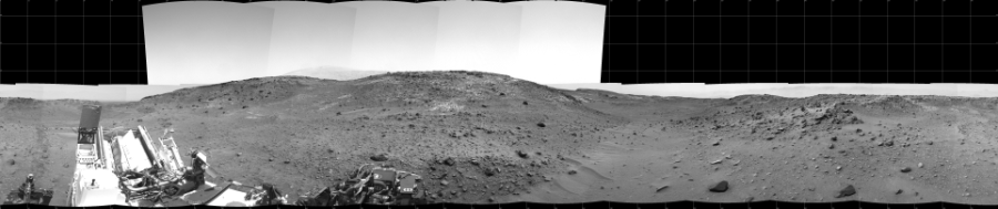 NASA's Mars rover Curiosity took 17 images in Gale Crater using its mast-mounted Left Navigation Camera (Navcam) to create this mosaic. The seam-corrected mosaic provides a 360-degree cylindrical projection panorama of the Martian surface centered at 180 degrees azimuth (measured clockwise from north). Curiosity took the images on April 09, 2015, Sol 950 of the Mars Science Laboratory mission at drive 1558, site number 45. The local mean solar time for the image exposures was 1 PM. Each Navcam image has a 45 degree field of view. CREDIT: NASA/JPL-Caltech