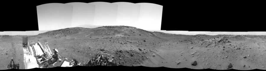 NASA's Mars rover Curiosity took 17 images in Gale Crater using its mast-mounted Left Navigation Camera (Navcam) to create this mosaic. The seam-corrected mosaic provides a 360-degree cylindrical-perspective projection panorama of the Martian surface suitable for stereo viewing, centered at 335 degrees azimuth (measured clockwise from north). This single-eye view must be combined with the partner right image to be viewed in stereo.  Curiosity took the images on April 09, 2015, Sol 950 of the Mars Science Laboratory mission at drive 1558, site number 45. The local mean solar time for the image exposures was 1 PM. Each Navcam image has a 45-degree field of view. CREDIT: NASA/JPL-Caltech