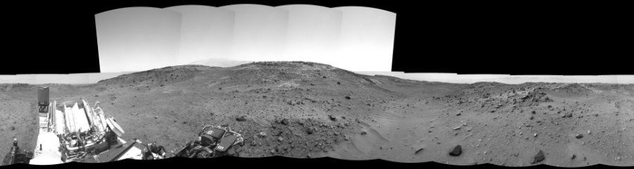 NASA's Mars rover Curiosity took 17 images in Gale Crater using its mast-mounted Right Navigation Camera (Navcam) to create this mosaic. The seam-corrected mosaic provides a 360-degree cylindrical-perspective projection panorama of the Martian surface suitable for stereo viewing, centered at 330 degrees azimuth (measured clockwise from north). This single-eye view must be combined with the partner left image to be viewed in stereo.  Curiosity took the images on April 09, 2015, Sol 950 of the Mars Science Laboratory mission at drive 1558, site number 45. The local mean solar time for the image exposures was 1 PM. Each Navcam image has a 45-degree field of view. CREDIT: NASA/JPL-Caltech