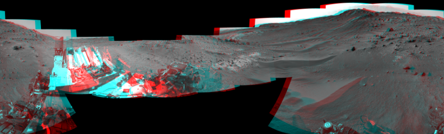 NASA's Mars rover Curiosity took 18 image pairs in Gale Crater using its mast-mounted Navigation Camera (Navcam) to create this mosaic. The seam-corrected mosaic provides a 360-degree cylindrical perspective projection panorama of the Martian surface suitable for stereo viewing, centered at 312 degrees azimuth (measured clockwise from north). This anaglyph must be viewed with red/blue glasses (red over left eye).  Curiosity took the images on April 10, 2015, Sol 951 of the Mars Science Laboratory mission at drive 1696, site number 45. The local mean solar time for the image exposures was 4 PM. Each Navcam image has a 45-degree field of view. CREDIT: NASA/JPL-Caltech