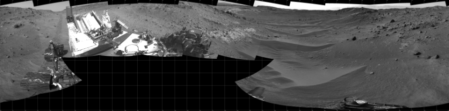NASA's Mars rover Curiosity took 18 images in Gale Crater using its mast-mounted Left Navigation Camera (Navcam) to create this mosaic. The seam-corrected mosaic provides a 360-degree cylindrical projection panorama of the Martian surface centered at 180 degrees azimuth (measured clockwise from north). Curiosity took the images on April 10, 2015, Sol 951 of the Mars Science Laboratory mission at drive 1696, site number 45. The local mean solar time for the image exposures was 4 PM. Each Navcam image has a 45 degree field of view. CREDIT: NASA/JPL-Caltech
