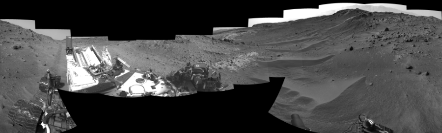 NASA's Mars rover Curiosity took 18 images in Gale Crater using its mast-mounted Left Navigation Camera (Navcam) to create this mosaic. The seam-corrected mosaic provides a 360-degree cylindrical-perspective projection panorama of the Martian surface suitable for stereo viewing, centered at 312 degrees azimuth (measured clockwise from north). This single-eye view must be combined with the partner right image to be viewed in stereo.  Curiosity took the images on April 10, 2015, Sol 951 of the Mars Science Laboratory mission at drive 1696, site number 45. The local mean solar time for the image exposures was 4 PM. Each Navcam image has a 45-degree field of view. CREDIT: NASA/JPL-Caltech