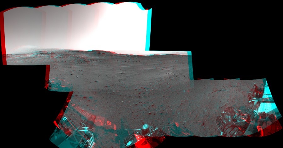 NASA's Mars rover Curiosity took 17 image pairs in Gale Crater using its mast-mounted Navigation Camera (Navcam) to create this mosaic. The seam-corrected mosaic provides a 324-degree cylindrical perspective projection panorama of the Martian surface suitable for stereo viewing, centered at 33 degrees azimuth (measured clockwise from north). This anaglyph must be viewed with red/blue glasses (red over left eye). Curiosity took the images on April 11, 2015, Sol 952 of the Mars Science Laboratory mission at drive 0, site number 46. The local mean solar time for the image exposures was from 2 PM to 3 PM. Each Navcam image has a 45-degree field of view. CREDIT: NASA/JPL-Caltech