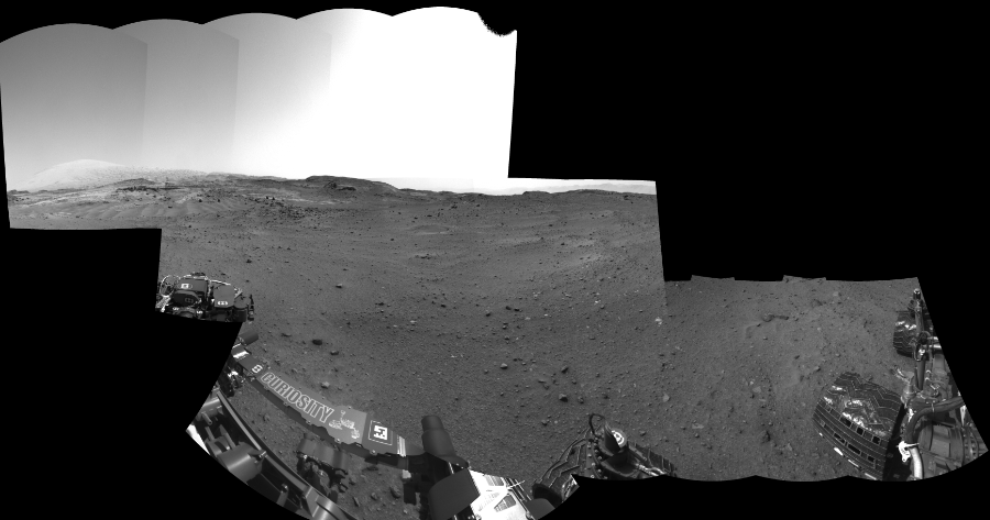 NASA's Mars rover Curiosity took 17 images in Gale Crater using its mast-mounted Left Navigation Camera (Navcam) to create this mosaic. The seam-corrected mosaic provides a 324-degree cylindrical-perspective projection panorama of the Martian surface suitable for stereo viewing, centered at 33 degrees azimuth (measured clockwise from north). This single-eye view must be combined with the partner right image to be viewed in stereo. Curiosity took the images on April 11, 2015, Sol 952 of the Mars Science Laboratory mission at drive 0, site number 46. The local mean solar time for the image exposures was from 2 PM to 3 PM. Each Navcam image has a 45-degree field of view. CREDIT: NASA/JPL-Caltech