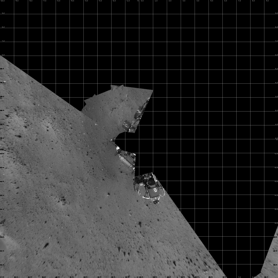 NASA's Mars rover Curiosity took 17 images in Gale Crater using its mast-mounted Left Navigation Camera (Navcam) to create this mosaic. The seam-corrected mosaic provides a vertical projection of the Martian surface near the rover, covering an area of 20 meters (north/south) by 20 meters (east/west). North is up in the image. This projection provides an overhead view, but introduces distortion for items not on the surface, such as large rocks and the rover itself.  Curiosity took the images on April 11, 2015, Sol 952 of the Mars Science Laboratory mission at drive 0, site number 46. The local mean solar time for the image exposures was from 2 PM to 3 PM. Each Navcam image has a 45-degree field of view. CREDIT: NASA/JPL-Caltech