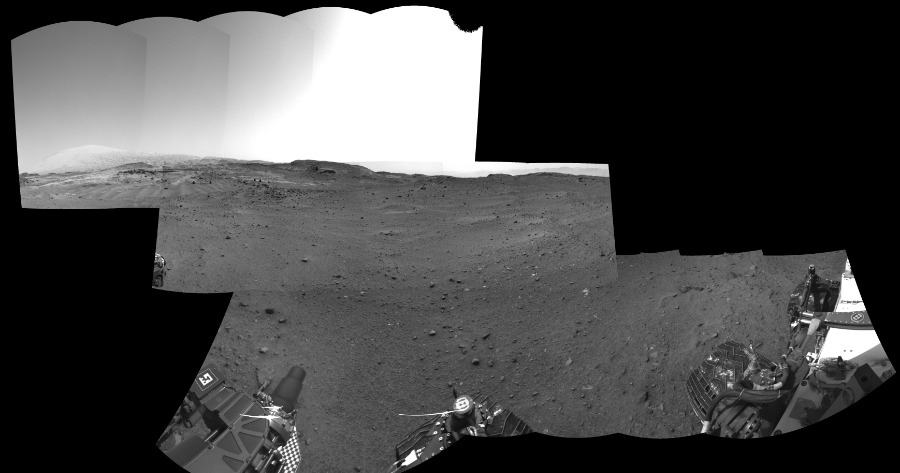 NASA's Mars rover Curiosity took 17 images in Gale Crater using its mast-mounted Right Navigation Camera (Navcam) to create this mosaic. The seam-corrected mosaic provides a 324-degree cylindrical-perspective projection panorama of the Martian surface suitable for stereo viewing, centered at 29 degrees azimuth (measured clockwise from north). This single-eye view must be combined with the partner left image to be viewed in stereo.  Curiosity took the images on April 11, 2015, Sol 952 of the Mars Science Laboratory mission at drive 0, site number 46. The local mean solar time for the image exposures was from 2 PM to 3 PM. Each Navcam image has a 45-degree field of view. CREDIT: NASA/JPL-Caltech