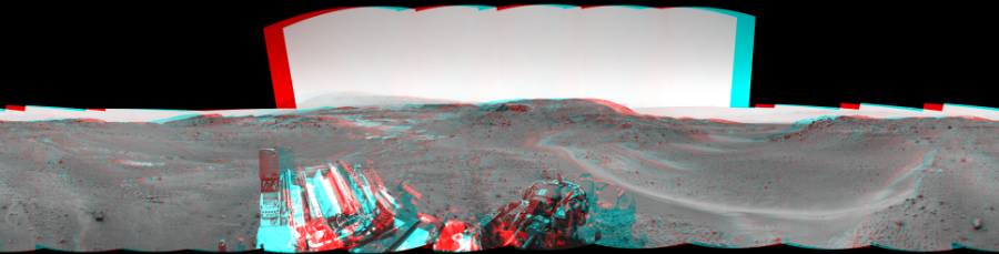NASA's Mars rover Curiosity took 17 image pairs in Gale Crater using its mast-mounted Navigation Camera (Navcam) to create this mosaic. The seam-corrected mosaic provides a 360-degree cylindrical perspective projection panorama of the Martian surface suitable for stereo viewing, centered at 266 degrees azimuth (measured clockwise from north). This anaglyph must be viewed with red/blue glasses (red over left eye).  Curiosity took the images on April 15, 2015, Sol 956 of the Mars Science Laboratory mission at drive 472, site number 46. The local mean solar time for the image exposures was 1 PM. Each Navcam image has a 45-degree field of view. CREDIT: NASA/JPL-Caltech