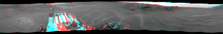 NASA's Mars rover Curiosity took 12 image pairs in Gale Crater using its mast-mounted Navigation Camera (Navcam) to create this mosaic. The seam-corrected mosaic provides a 360-degree cylindrical perspective projection panorama of the Martian surface suitable for stereo viewing, centered at 279 degrees azimuth (measured clockwise from north). This anaglyph must be viewed with red/blue glasses (red over left eye).  Curiosity took the images on April 17, 2015, Sol 957 of the Mars Science Laboratory mission at drive 934, site number 46. The local mean solar time for the image exposures was 3 PM. Each Navcam image has a 45-degree field of view. CREDIT: NASA/JPL-Caltech