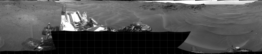 NASA's Mars rover Curiosity took 17 images in Gale Crater using its mast-mounted Left Navigation Camera (Navcam) to create this mosaic. The seam-corrected mosaic provides a 360-degree cylindrical projection panorama of the Martian surface centered at 180 degrees azimuth (measured clockwise from north). Curiosity took the images on April 17, 2015, Sol 957 of the Mars Science Laboratory mission at drive 934, site number 46. The local mean solar time for the image exposures was 3 PM. Each Navcam image has a 45 degree field of view. CREDIT: NASA/JPL-Caltech