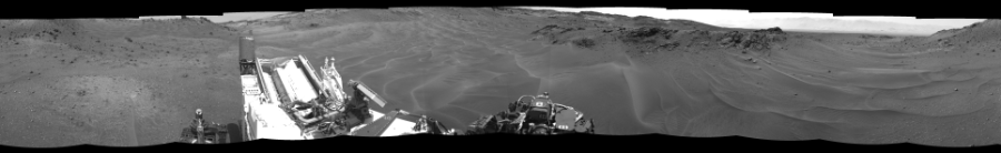 NASA's Mars rover Curiosity took 12 images in Gale Crater using its mast-mounted Left Navigation Camera (Navcam) to create this mosaic. The seam-corrected mosaic provides a 360-degree cylindrical-perspective projection panorama of the Martian surface suitable for stereo viewing, centered at 279 degrees azimuth (measured clockwise from north). This single-eye view must be combined with the partner right image to be viewed in stereo.  Curiosity took the images on April 17, 2015, Sol 957 of the Mars Science Laboratory mission at drive 934, site number 46. The local mean solar time for the image exposures was 3 PM. Each Navcam image has a 45-degree field of view. CREDIT: NASA/JPL-Caltech