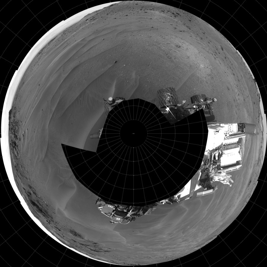 NASA's Mars rover Curiosity took 17 images in Gale Crater using its mast-mounted Left Navigation Camera (Navcam) to create this mosaic. The seam-corrected mosaic provides a polar stereographic projection panorama of the Martian surface with 0 degrees azimuth (measured clockwise from north) at the top of the image. Curiosity took the images on April 17, 2015, Sol 957 of the Mars Science Laboratory mission at drive 934, site number 46. The local mean solar time for the image exposures was 3 PM. Each Navcam image has a 45-degree field of view. CREDIT: NASA/JPL-Caltech