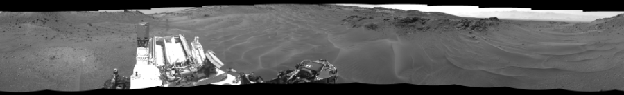 NASA's Mars rover Curiosity took 12 images in Gale Crater using its mast-mounted Right Navigation Camera (Navcam) to create this mosaic. The seam-corrected mosaic provides a 360-degree cylindrical-perspective projection panorama of the Martian surface suitable for stereo viewing, centered at 272 degrees azimuth (measured clockwise from north). This single-eye view must be combined with the partner left image to be viewed in stereo.  Curiosity took the images on April 17, 2015, Sol 957 of the Mars Science Laboratory mission at drive 934, site number 46. The local mean solar time for the image exposures was 3 PM. Each Navcam image has a 45-degree field of view. CREDIT: NASA/JPL-Caltech