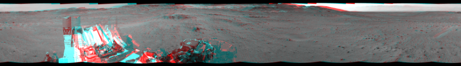 NASA's Mars rover Curiosity took 12 image pairs in Gale Crater using its mast-mounted Navigation Camera (Navcam) to create this mosaic. The seam-corrected mosaic provides a 360-degree cylindrical perspective projection panorama of the Martian surface suitable for stereo viewing, centered at 310 degrees azimuth (measured clockwise from north). This anaglyph must be viewed with red/blue glasses (red over left eye). Curiosity took the images on April 20, 2015, Sol 960 of the Mars Science Laboratory mission at drive 1676, site number 46. The local mean solar time for the image exposures was 3 PM. Each Navcam image has a 45-degree field of view. CREDIT: NASA/JPL-Caltech