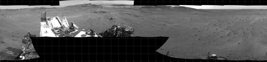 NASA's Mars rover Curiosity took 20 images in Gale Crater using its mast-mounted Left Navigation Camera (Navcam) to create this mosaic. The seam-corrected mosaic provides a 360-degree cylindrical projection panorama of the Martian surface centered at 180 degrees azimuth (measured clockwise from north). Curiosity took the images on April 20, 2015, Sol 960 of the Mars Science Laboratory mission at drive 1676, site number 46. The local mean solar time for the image exposures was 3 PM. Each Navcam image has a 45 degree field of view. CREDIT: NASA/JPL-Caltech