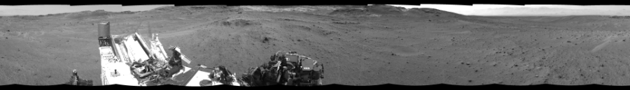 NASA's Mars rover Curiosity took 12 images in Gale Crater using its mast-mounted Left Navigation Camera (Navcam) to create this mosaic. The seam-corrected mosaic provides a 360-degree cylindrical-perspective projection panorama of the Martian surface suitable for stereo viewing, centered at 310 degrees azimuth (measured clockwise from north). This single-eye view must be combined with the partner right image to be viewed in stereo.  Curiosity took the images on April 20, 2015, Sol 960 of the Mars Science Laboratory mission at drive 1676, site number 46. The local mean solar time for the image exposures was 3 PM. Each Navcam image has a 45-degree field of view. CREDIT: NASA/JPL-Caltech