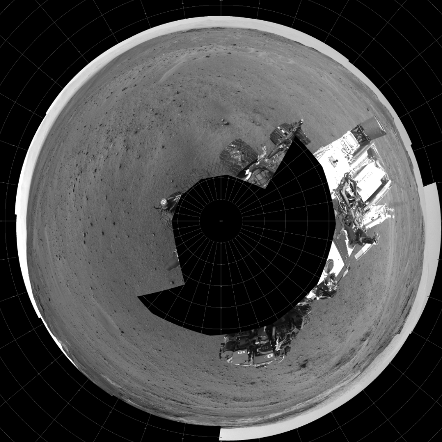NASA's Mars rover Curiosity took 20 images in Gale Crater using its mast-mounted Left Navigation Camera (Navcam) to create this mosaic. The seam-corrected mosaic provides a polar stereographic projection panorama of the Martian surface with 0 degrees azimuth (measured clockwise from north) at the top of the image. Curiosity took the images on April 20, 2015, Sol 960 of the Mars Science Laboratory mission at drive 1676, site number 46. The local mean solar time for the image exposures was 3 PM. Each Navcam image has a 45-degree field of view. CREDIT: NASA/JPL-Caltech