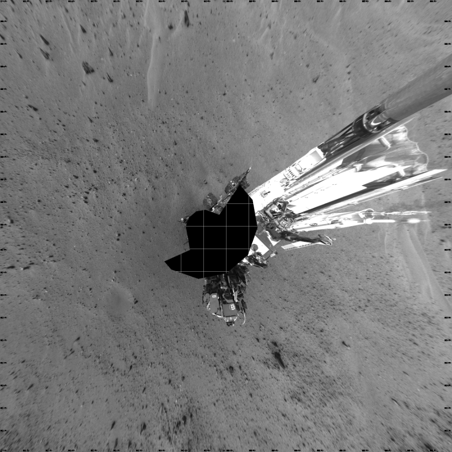 NASA's Mars rover Curiosity took 20 images in Gale Crater using its mast-mounted Left Navigation Camera (Navcam) to create this mosaic. The seam-corrected mosaic provides a vertical projection of the Martian surface near the rover, covering an area of 20 meters (north/south) by 20 meters (east/west). North is up in the image. This projection provides an overhead view, but introduces distortion for items not on the surface, such as large rocks and the rover itself. Curiosity took the images on April 20, 2015, Sol 960 of the Mars Science Laboratory mission at drive 1676, site number 46. The local mean solar time for the image exposures was 3 PM. Each Navcam image has a 45-degree field of view. CREDIT: NASA/JPL-Caltech