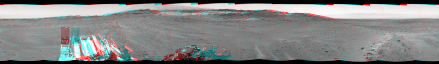 NASA's Mars rover Curiosity took 12 image pairs in Gale Crater using its mast-mounted Navigation Camera (Navcam) to create this mosaic. The seam-corrected mosaic provides a 360-degree cylindrical perspective projection panorama of the Martian surface suitable for stereo viewing, centered at 307 degrees azimuth (measured clockwise from north). This anaglyph must be viewed with red/blue glasses (red over left eye).  Curiosity took the images on April 23, 2015, Sol 963 of the Mars Science Laboratory mission at drive 1812, site number 46. The local mean solar time for the image exposures was 1 PM. Each Navcam image has a 45-degree field of view. CREDIT: NASA/JPL-Caltech