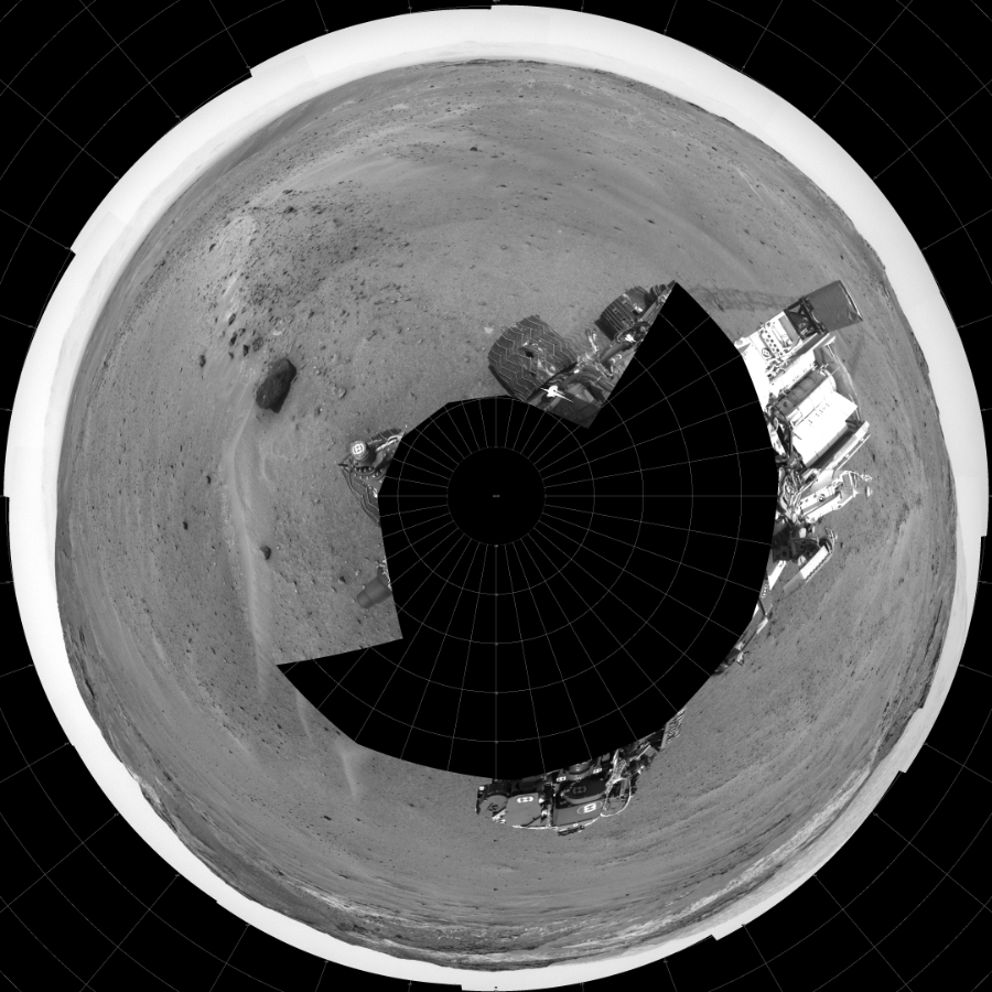 NASA's Mars rover Curiosity took 17 images in Gale Crater using its mast-mounted Left Navigation Camera (Navcam) to create this mosaic. The seam-corrected mosaic provides a polar stereographic projection panorama of the Martian surface with 0 degrees azimuth (measured clockwise from north) at the top of the image. Curiosity took the images on April 23, 2015, Sol 963 of the Mars Science Laboratory mission at drive 1812, site number 46. The local mean solar time for the image exposures was 1 PM. Each Navcam image has a 45-degree field of view. CREDIT: NASA/JPL-Caltech