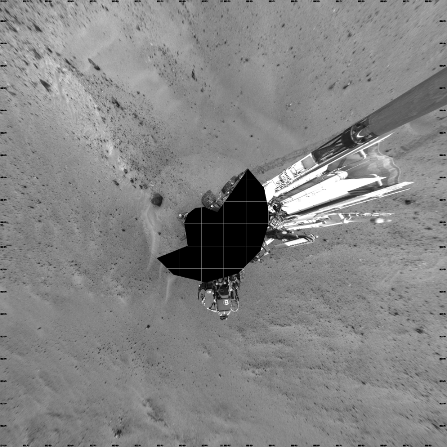 NASA's Mars rover Curiosity took 17 images in Gale Crater using its mast-mounted Left Navigation Camera (Navcam) to create this mosaic. The seam-corrected mosaic provides a vertical projection of the Martian surface near the rover, covering an area of 20 meters (north/south) by 20 meters (east/west). North is up in the image. This projection provides an overhead view, but introduces distortion for items not on the surface, such as large rocks and the rover itself. Curiosity took the images on April 23, 2015, Sol 963 of the Mars Science Laboratory mission at drive 1812, site number 46. The local mean solar time for the image exposures was 1 PM. Each Navcam image has a 45-degree field of view. CREDIT: NASA/JPL-Caltech