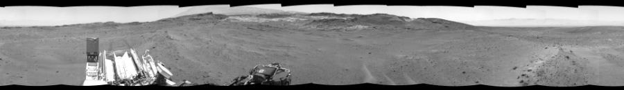 NASA's Mars rover Curiosity took 12 images in Gale Crater using its mast-mounted Right Navigation Camera (Navcam) to create this mosaic. The seam-corrected mosaic provides a 360-degree cylindrical-perspective projection panorama of the Martian surface suitable for stereo viewing, centered at 302 degrees azimuth (measured clockwise from north). This single-eye view must be combined with the partner left image to be viewed in stereo. Curiosity took the images on April 23, 2015, Sol 963 of the Mars Science Laboratory mission at drive 1812, site number 46. The local mean solar time for the image exposures was 1 PM. Each Navcam image has a 45-degree field of view. CREDIT: NASA/JPL-Caltech
