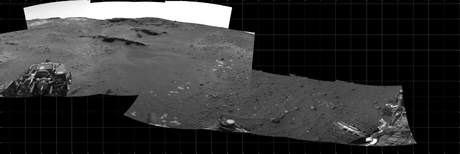 NASA's Mars rover Curiosity took 14 images in Gale Crater using its mast-mounted Left Navigation Camera (Navcam) to create this mosaic. The seam-corrected mosaic provides a 297-degree cylindrical projection panorama of the Martian surface centered at 282 degrees azimuth (measured clockwise from north). Curiosity took the images on April 27, 2015, Sol 967 of the Mars Science Laboratory mission at drive 522, site number 47. The local mean solar time for the image exposures was from 1 PM to 3 PM. Each Navcam image has a 45 degree field of view. CREDIT: NASA/JPL-Caltech