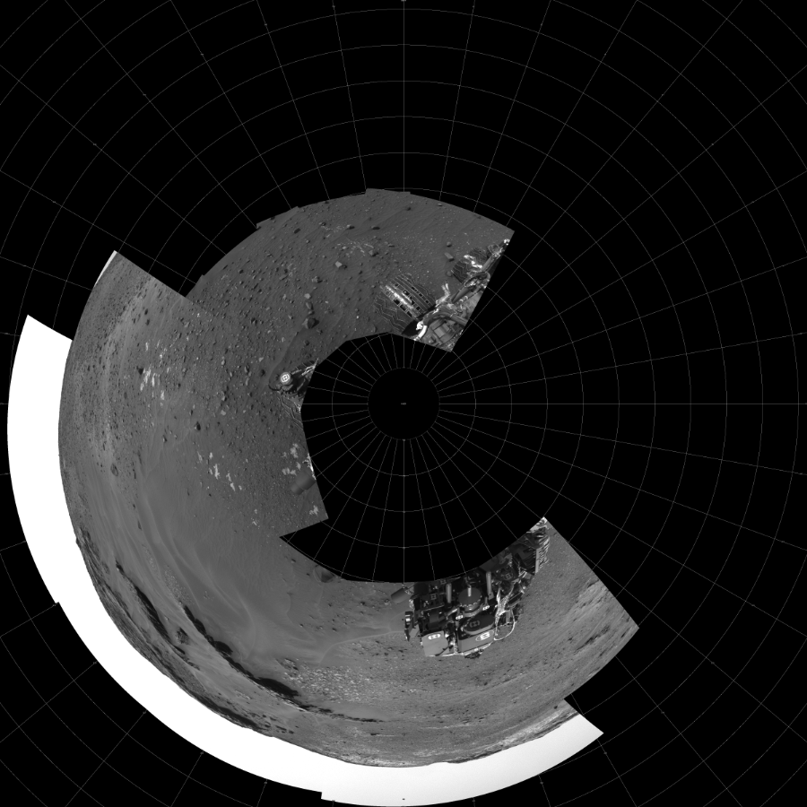 NASA's Mars rover Curiosity took 14 images in Gale Crater using its mast-mounted Left Navigation Camera (Navcam) to create this mosaic. The seam-corrected mosaic provides a polar stereographic projection panorama of the Martian surface with 0 degrees azimuth (measured clockwise from north) at the top of the image. Curiosity took the images on April 27, 2015, Sol 967 of the Mars Science Laboratory mission at drive 522, site number 47. The local mean solar time for the image exposures was from 1 PM to 3 PM. Each Navcam image has a 45-degree field of view. CREDIT: NASA/JPL-Caltech
