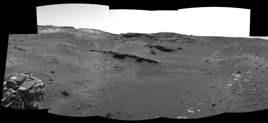 NASA's Mars rover Curiosity took 9 images in Gale Crater using its mast-mounted Right Navigation Camera (Navcam) to create this mosaic. The seam-corrected mosaic provides a 165-degree cylindrical-perspective projection panorama of the Martian surface suitable for stereo viewing, centered at 342 degrees azimuth (measured clockwise from north). This single-eye view must be combined with the partner left image to be viewed in stereo.  Curiosity took the images on April 27, 2015, Sol 967 of the Mars Science Laboratory mission at drive 522, site number 47. The local mean solar time for the image exposures was from 1 PM to 3 PM. Each Navcam image has a 45-degree field of view. CREDIT: NASA/JPL-Caltech