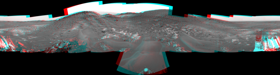 NASA's Mars rover Curiosity took 17 image pairs in Gale Crater using its mast-mounted Navigation Camera (Navcam) to create this mosaic. The seam-corrected mosaic provides a 360-degree cylindrical perspective projection panorama of the Martian surface suitable for stereo viewing, centered at 27 degrees azimuth (measured clockwise from north). This anaglyph must be viewed with red/blue glasses (red over left eye).  Curiosity took the images on May 08, 2015, Sol 978 of the Mars Science Laboratory mission at drive 1202, site number 47. The local mean solar time for the image exposures was 1 PM. Each Navcam image has a 45-degree field of view. CREDIT: NASA/JPL-Caltech